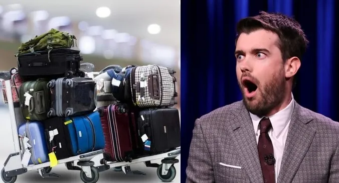 Un homme surpris dépasse ses bagages à l'aéroport