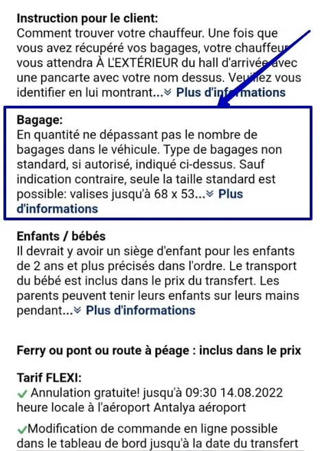 Fragment de commande-informations sur le volume de bagages.