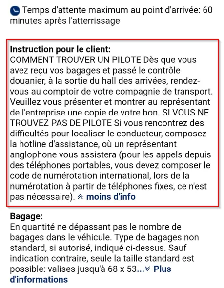 Instruction pour le client de rencontrer un chauffeur pour un transfert partagé