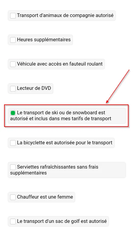 Paramètres-Le transport de ski ou de snowboard est autorisé