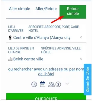 Recherche du transfert entre les hôtel - retour simple