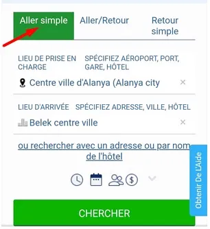 Recherche du transfert entre les hôtel - aller simple
